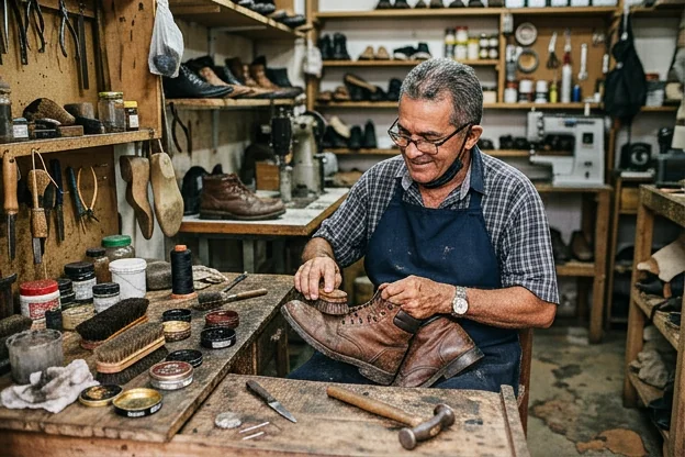 Professional cleaning and maintaining a pair of shoes in Açailândia.