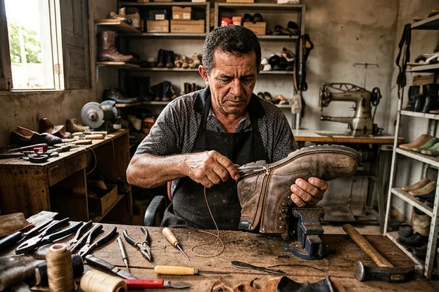 Zíper de bota sendo consertado por um profissional experiente.