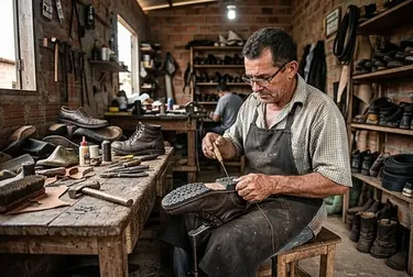 Sapateiro trocando o solado de um sapato com ferramentas específicas.