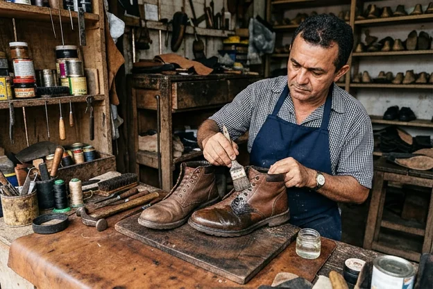 Professional applying waterproofing to shoes in Açailândia, ensuring protection.