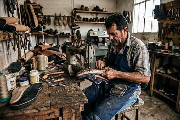 Tênis sendo reparado por um profissional numa oficina de sapatos.