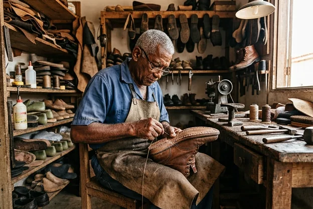 Sapato sendo costurado por um profissional com maquinário de costura.
